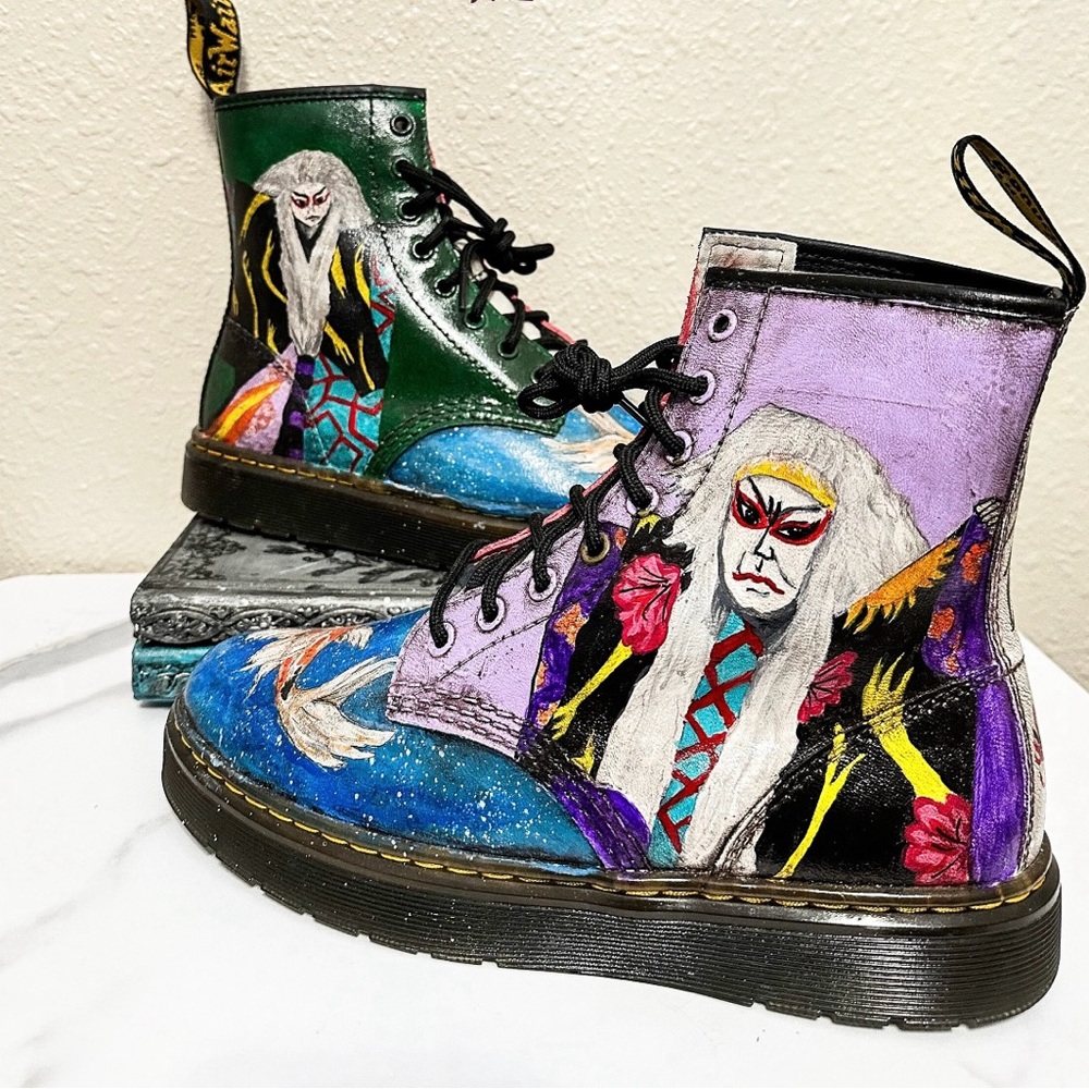 Hand Painted Dr. Martens Kabuki Themed Zavala Boots, W7/M6 NEW